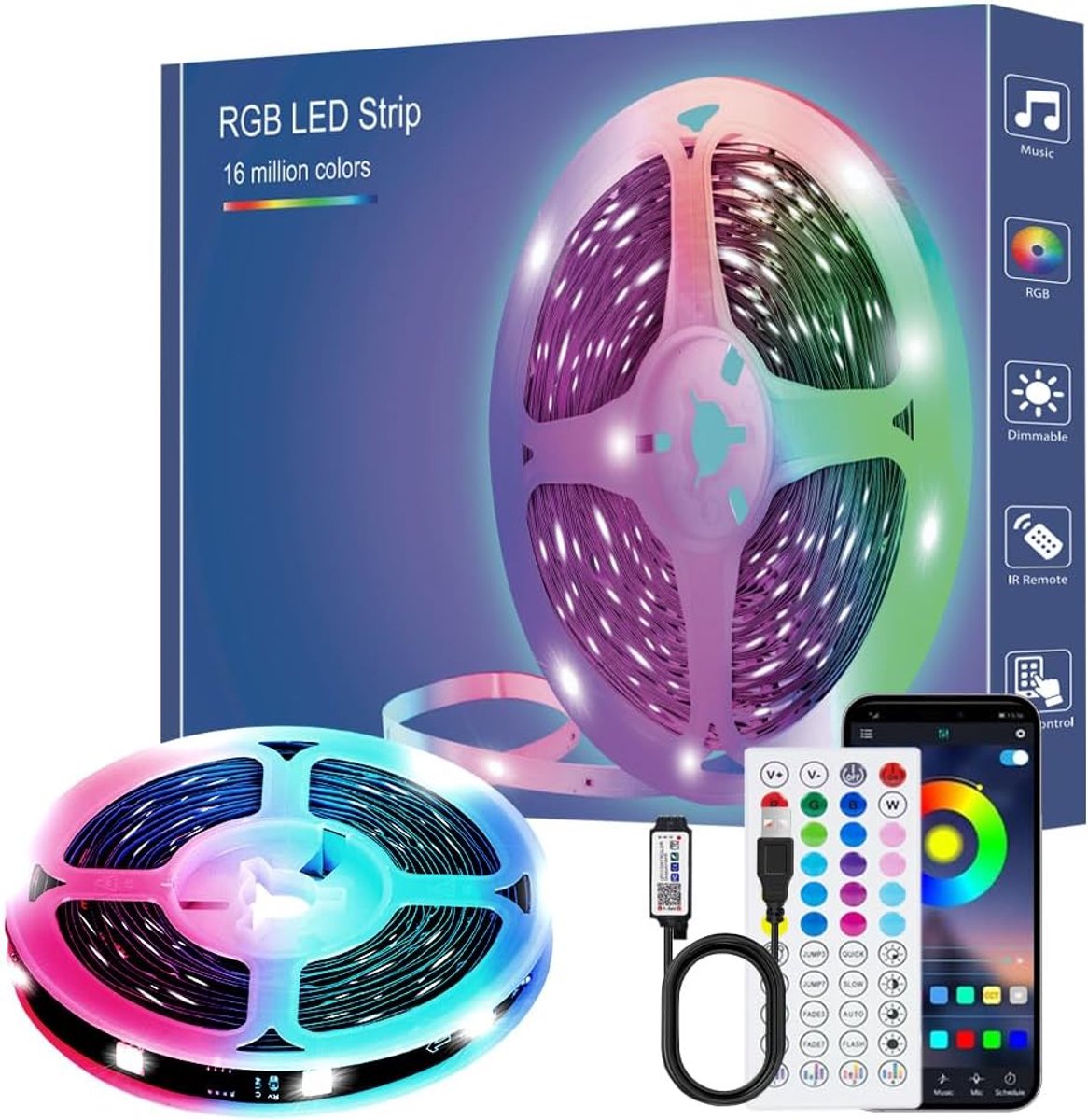 SnelShoppen - LED Strip 2m USB RGB Verlichting voor TV tot 50 inch met App Besturing, Muziek Synchronisatie, Timer, Decoratie voor Woonkamer, Slaapkam