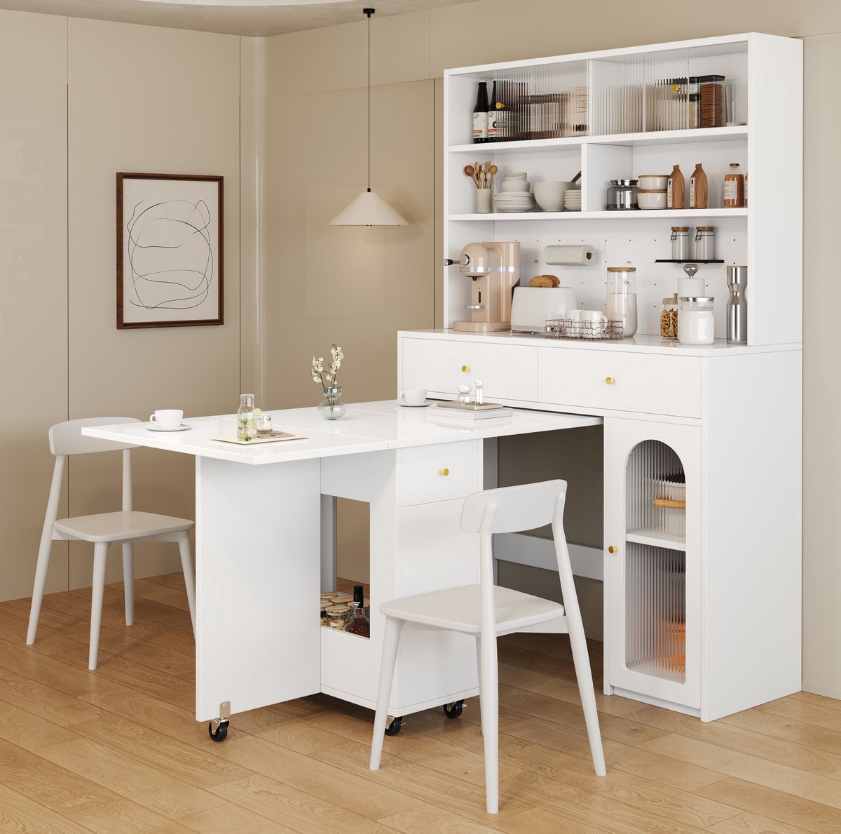 Wishdor - Keukenkast - Werkblad en 2 laden - Hoge kast met open opbergruimte en hakenbord - Modern - Keuken en eetkamer - Houtlook - Wit - 120 x 45 x 180 cm