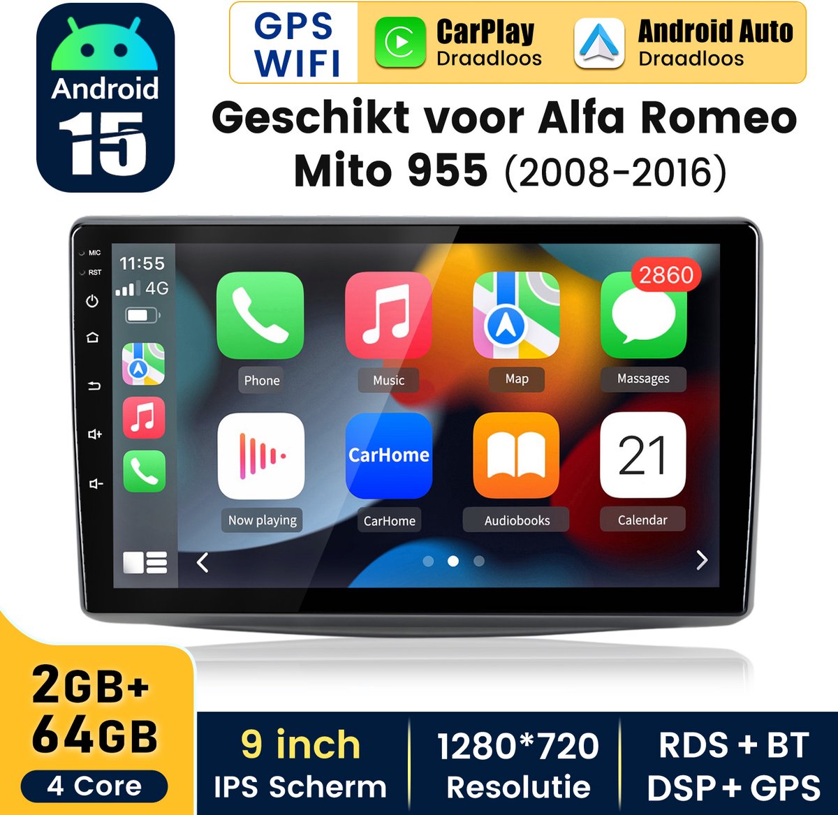HexinexMarket - Autoradio Geschikt voor Alfa Romeo Mito 2008-2019 - Draadloos CarPlay, Android Auto, GPS Navi, RDS, multimediaspeler - 2GB+64GB