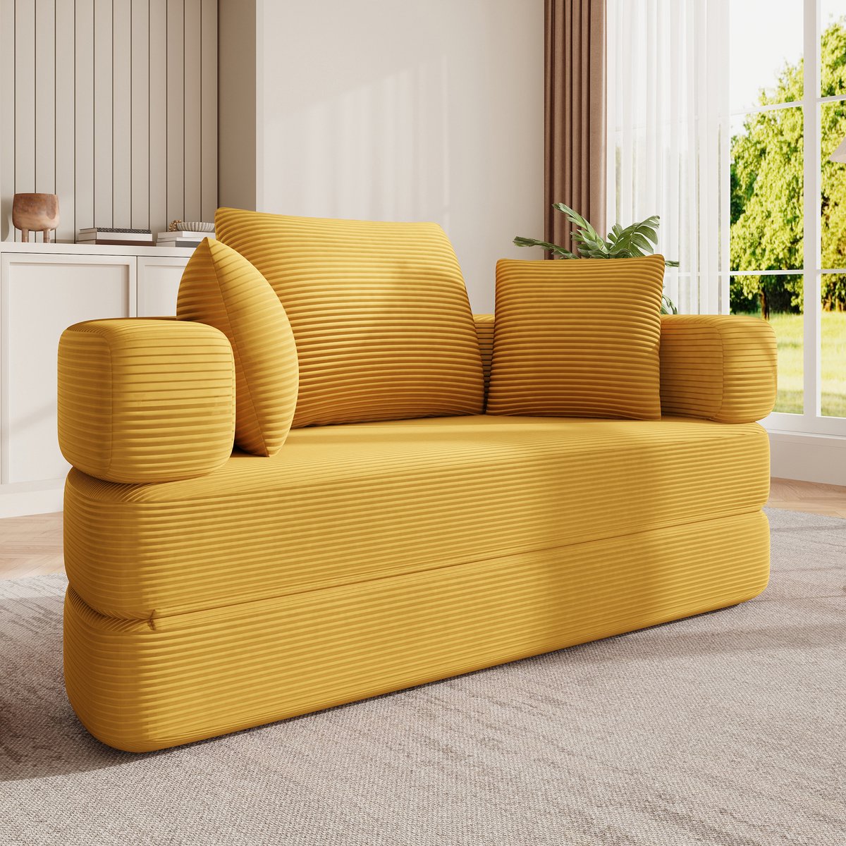 STILVORA Slaapbank 173 x 176 cm - Opvouwbaar 2-in-1 Sofa En Bed Met 3 Kussens - Voor Appartement, Woonkamer En Slaapkamer - Cordstof Geel