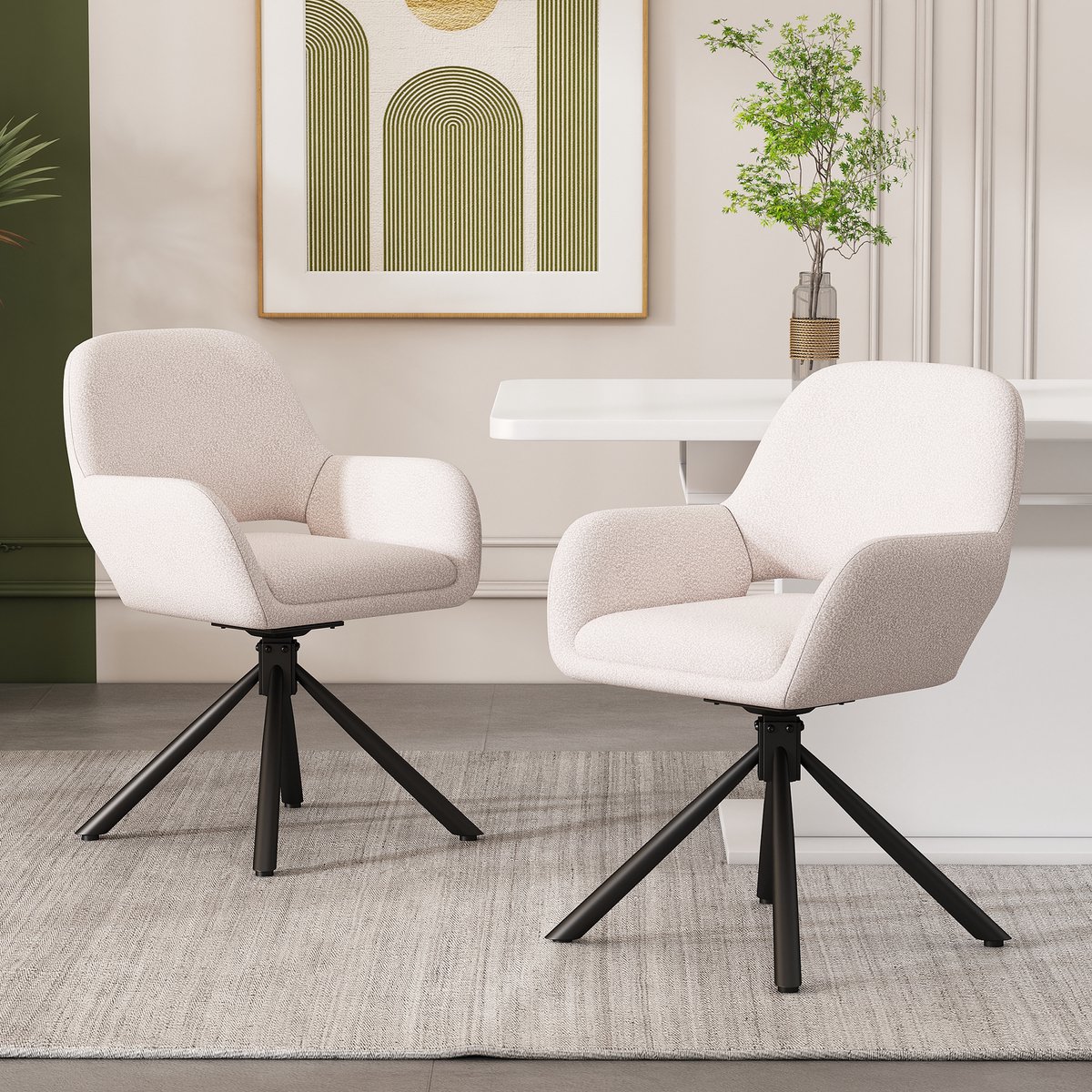 COVREO Eetkamerstoel 60 x 80 cm - draaibaar, Sherpa stof, armleuningen, wit, set van 2