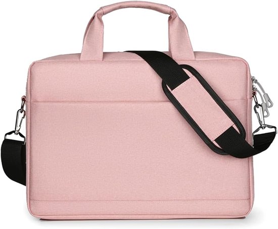 Roze laptoptas met handvatten en afneembare schouderband met zwarte accenten.