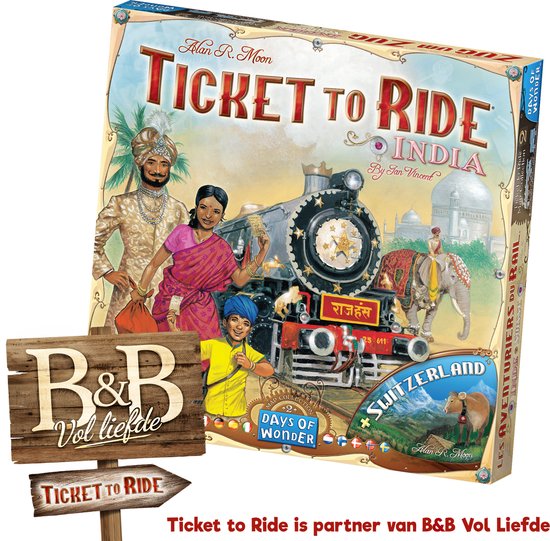 Doosspel 'Ticket to Ride India' en houten bord 'B&B Vol Liefde Ticket to Ride' in landschap.