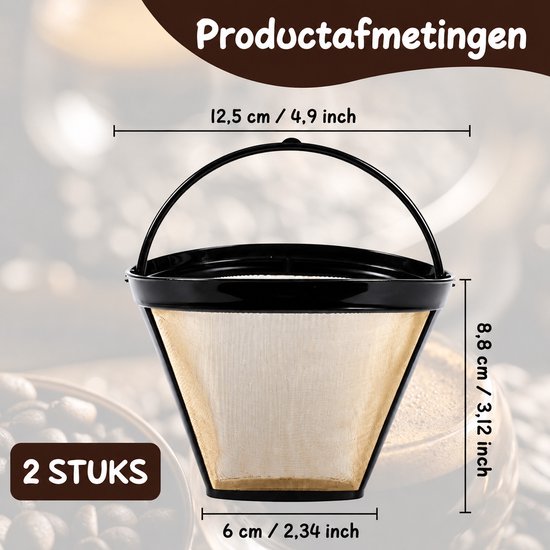 Een goudkleurig, kegelvormig koffiefilter met een zwart randje en handvat, met afmetingen aangegeven: 12,5 cm breed, 8,8 cm hoog en 6 cm onderaan. '2 stuks' staat op de afbeelding.