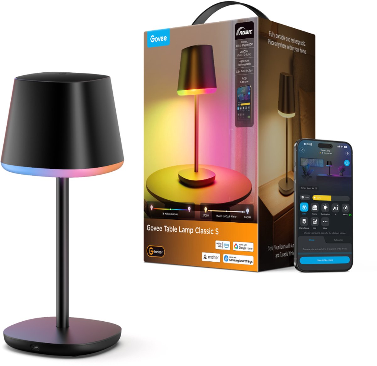 Govee Table Lamp Classic S Oplaadbare Tafellamp RGBICWW Matter