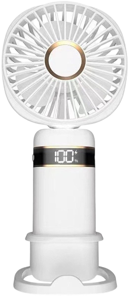 Draagbare mini-ventilator met 5 snelheden en digitaal display – oplaadbaar via USB, inclusief standaard; geschikt voor thuis, kantoor, reizen en buiten