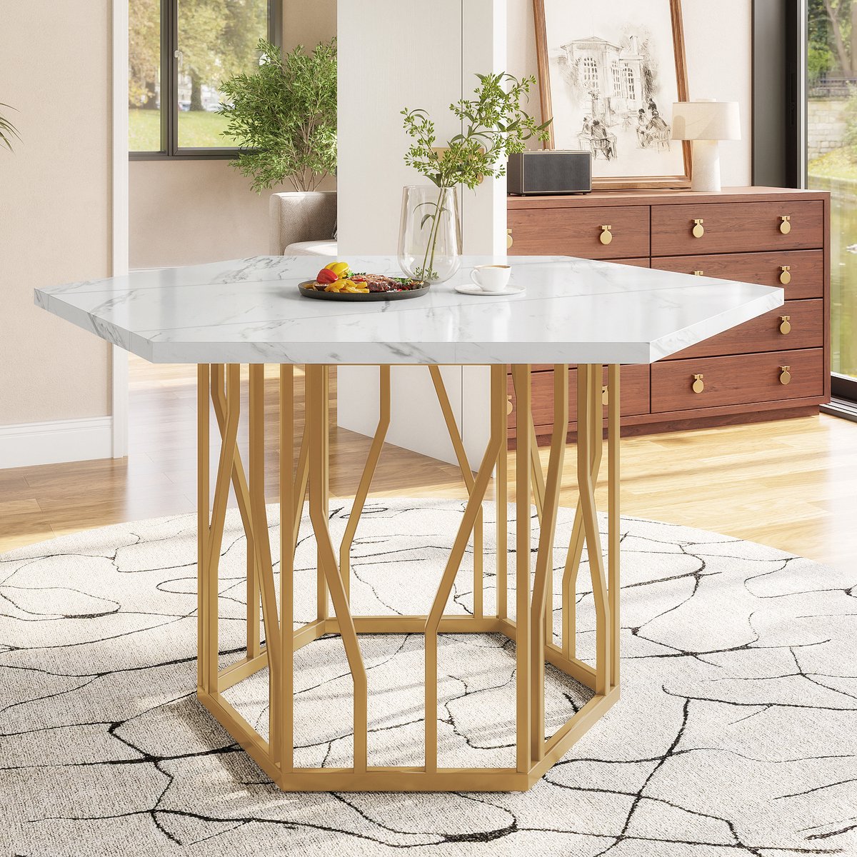 MEUNIQ Eettafel 115,5 x 100 x 75 cm met zeshoekig tafelblad in marmerlook, MDF blad en goudkleurig metalen onderstel, moderne tafel voor eetkamer of woonkamer