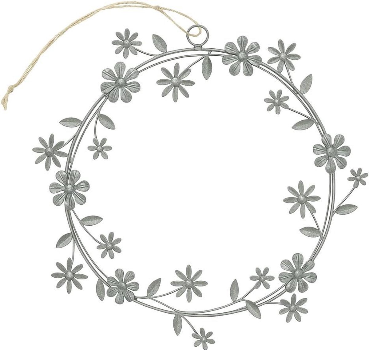 Bloemenkrans Metaal - Decoratieve Hanger - Woonkamer Decoratie - Wit Gekalkt Effect - Ø 24 cm - Grijs