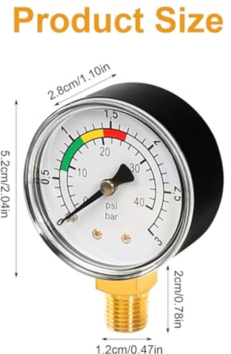 Drukmeter, Waterdrukmeter, 1/4 inch, Zwembaddrukmeter, Waterdruk, Drukmeter, Zandfilter systeem, 0-3 Bar/PSI, Nauwkeurige waterdrukmeter voor zwembaden en vijvers
