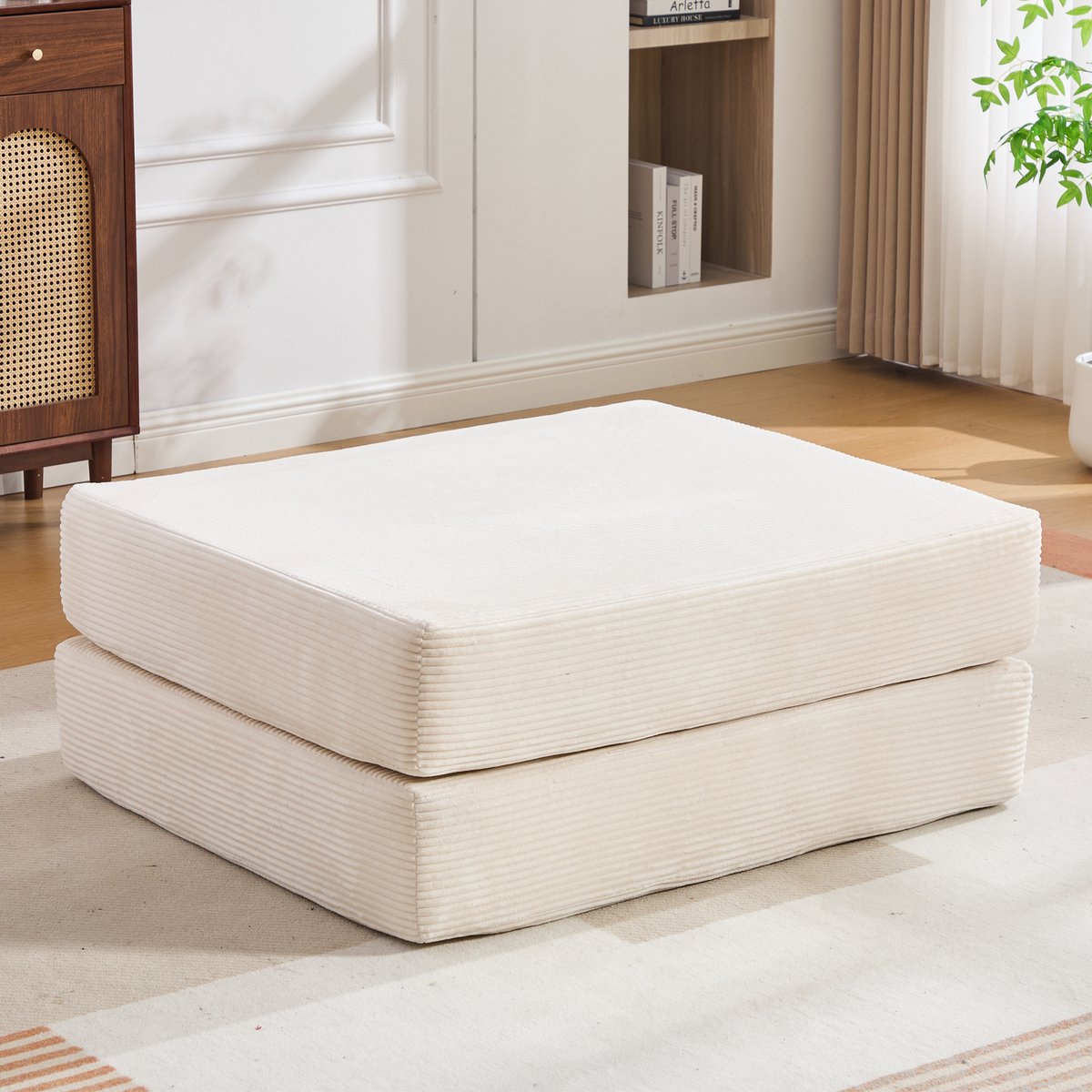 FloraGrace Voetenbankje 109 x 95 x 43 cm - Opvouwbaar Tot Compact Eenpersoons Sofabed - Zachte Corduroy Stof - Beige