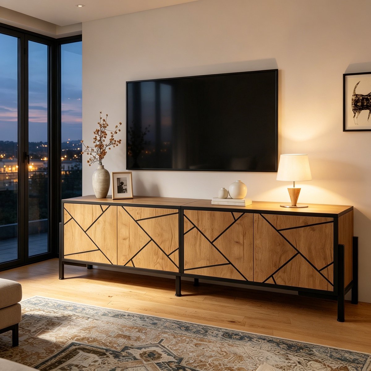 Wishdor - Tv-meubel dressoir - 4 deuren - geometrisch lowboard - industrieel modern - woonkamer - houtlook met zwarte lijnen - 153 x 40 x 50 cm