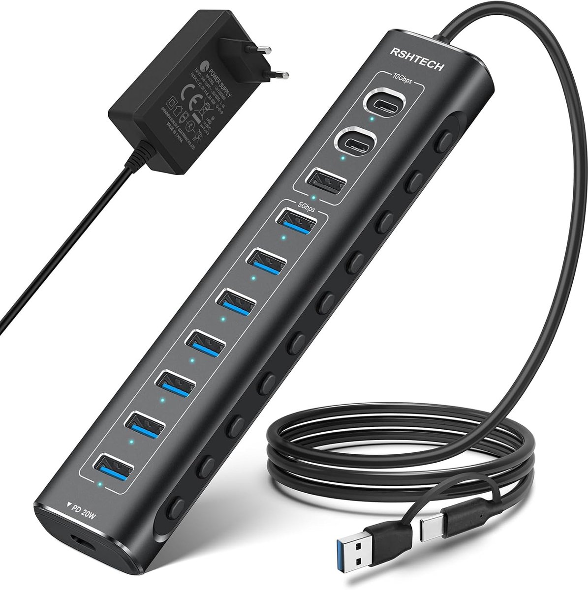 Thijox - USB C 3.2 Hub Actief 11-poorts met 20W PD, 3 x 10Gbps USB 3.2 (2 x Type-C, 1 x Type-A), 7 x 5Gbps USB 3.0, 2-in-1 Kabel voor Supersnelle Gege