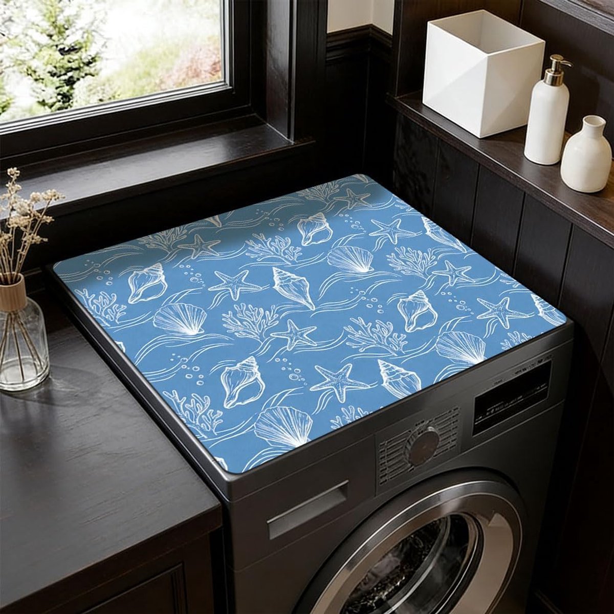 SnelShoppen - Wasmachine Topper Blauw Marine Life 60x50 cm - Multifunctionele Waterdichte Wasdroger Mat - Universele Bovenlader Wasdroger Mat voor Aan