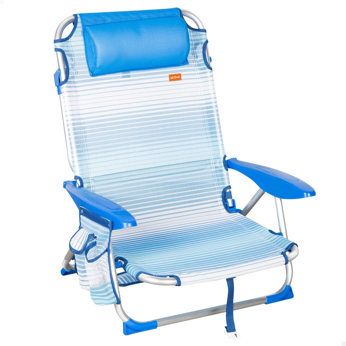 SnelShoppen - Inklapbare Strandstoel met 4 Standen, Blauwe Strepen, 51x45x76 cm, Verstelbare Posities, Incl. Gestoffeerd Kussen, Zijzak en Handgrepen,