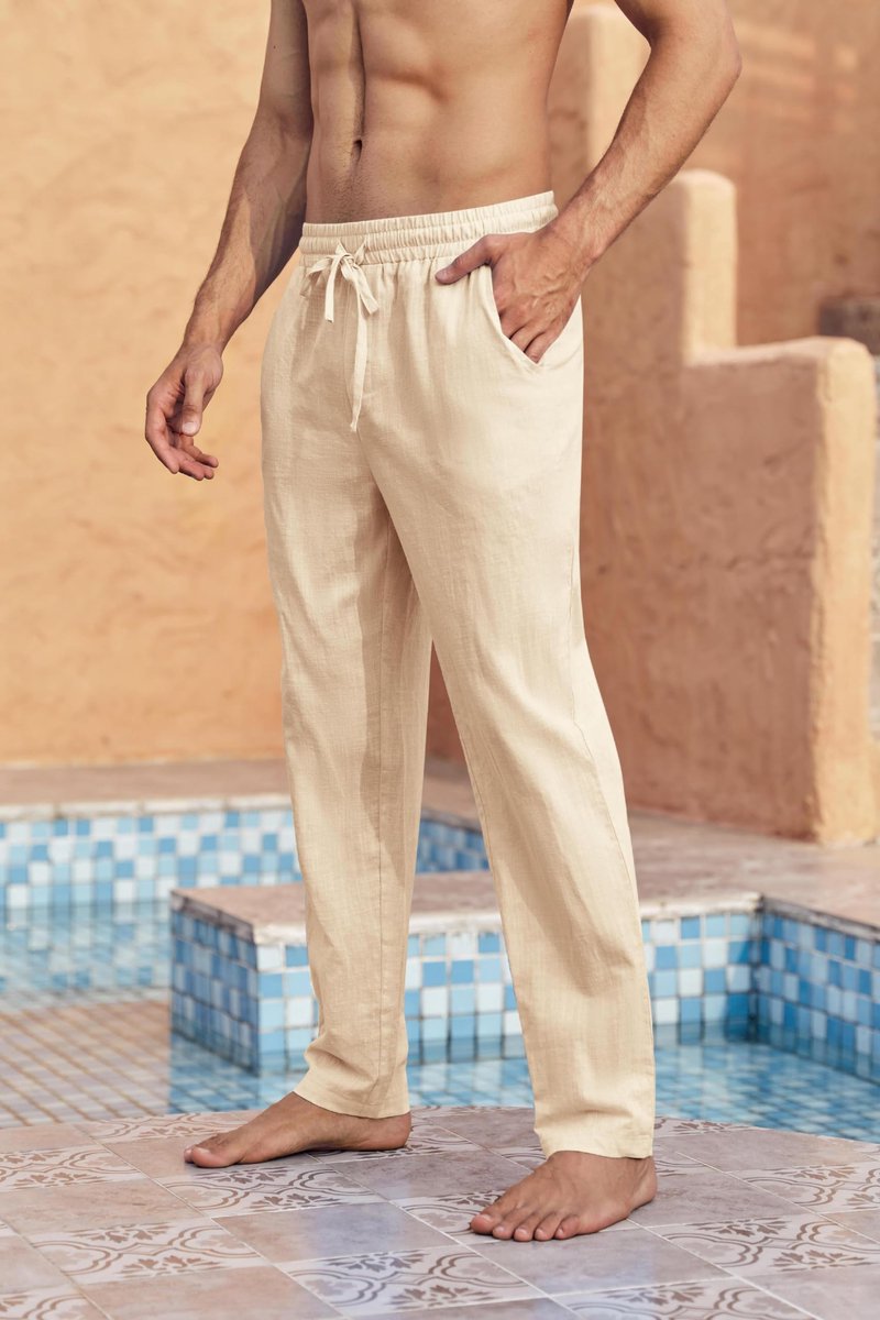 SnelShoppen - Runcati Linnen Herenbroek, Effen Licht Beige, Lange Losse Pasvorm, Vrijetijdsbroek met Trekkoord, Ideaal voor Zomer, Strand, Vakantie, D