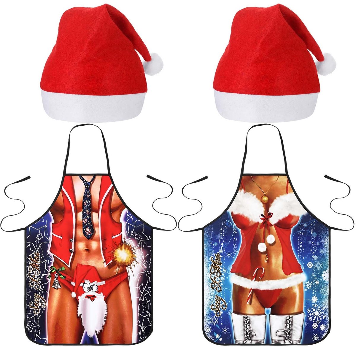 Dailygoods - 4-delige Kerst Schort en Hoed Set voor Volwassenen - Grappig Kerstcadeau voor Koppels