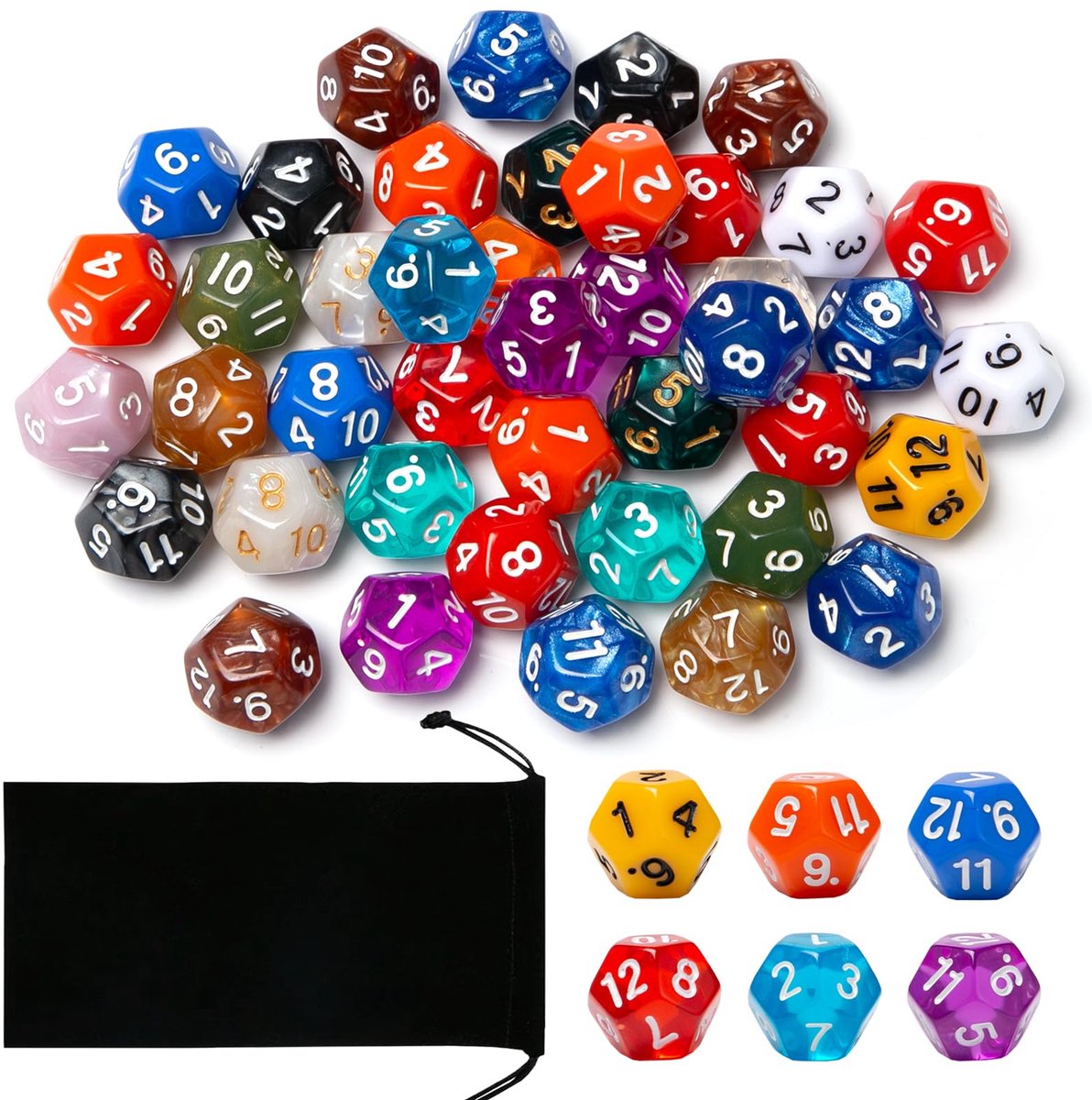 Dailygoods - Set van 43 Veelkleurige 12-zijdige Wiskunde Dobbelstenen voor Spellen