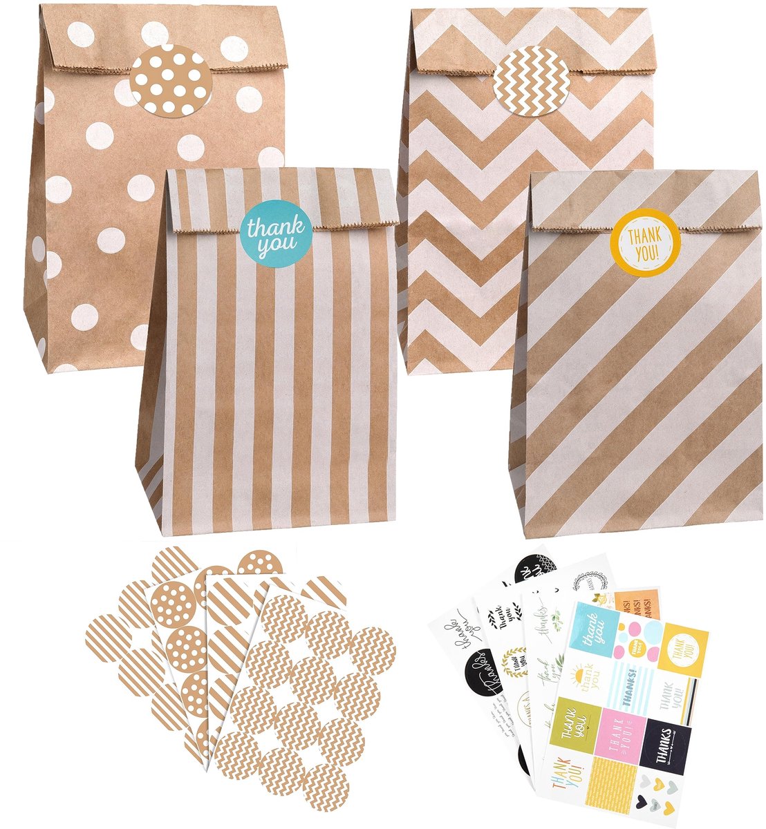 Dailygoods - Papieren Zakjes Bruin - 40 Stuks Kraftpapier Cadeauzakjes met 96 Stickers