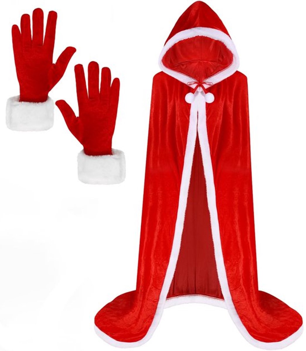Kerstmankostuum Fluweel - Kerstmancape met Capuchon - Handschoenen - Kostuum voor Volwassenen - Feestgewaad - Cadeau voor Familiefeesten - Kerstcape