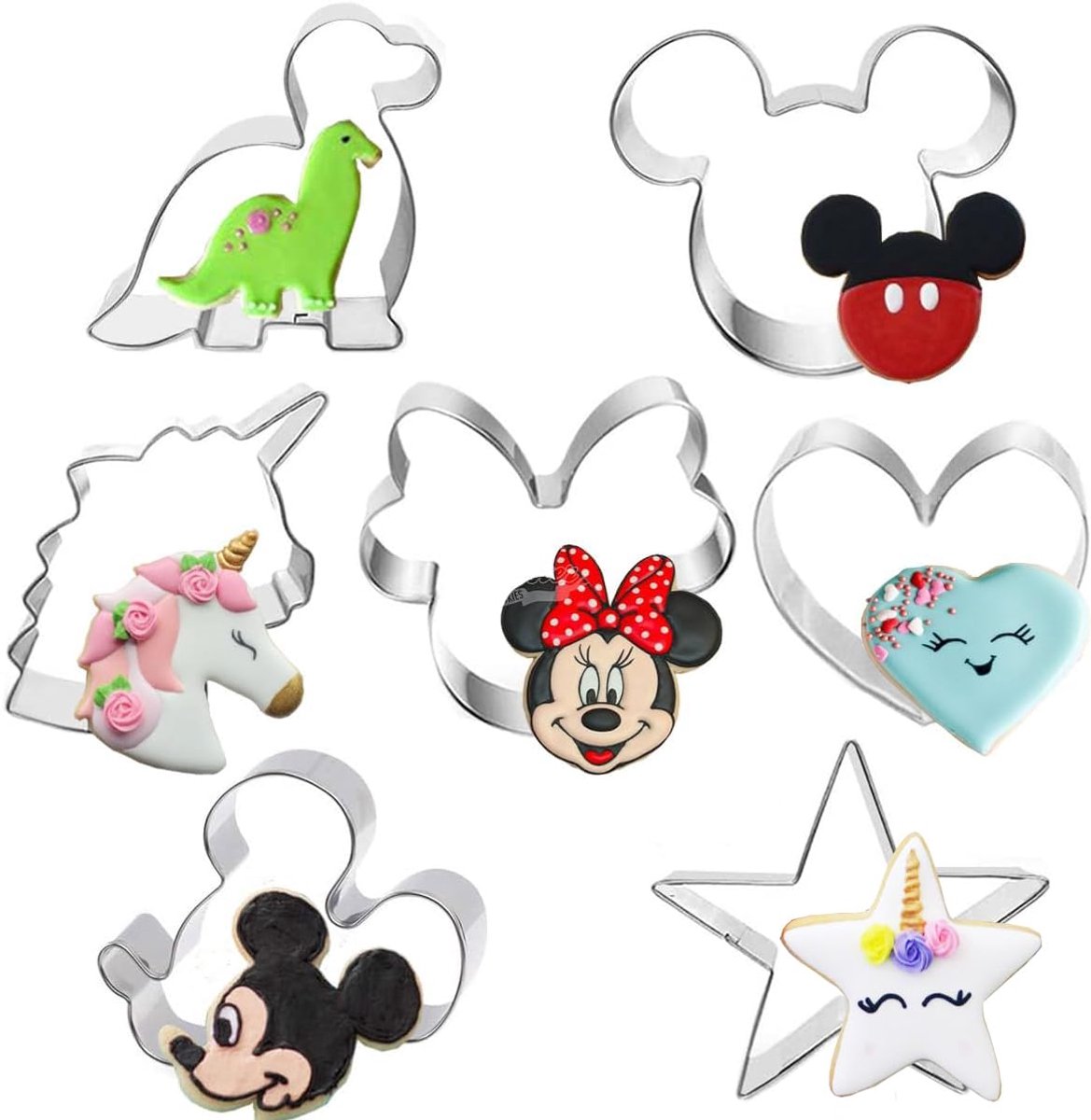 Dailygoods - 7-delige Koekjessnijder Set - Vormen van Mickey Mouse, Eenhoorn en Dinosaurus