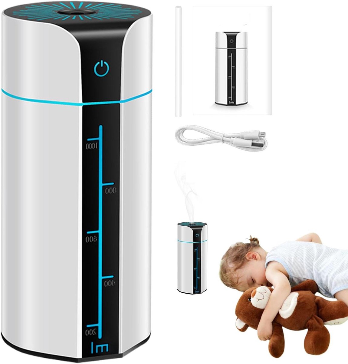 Luchtbevochtiger Slaapkamer - Luchtreiniger USB - Verbeteren Luchtkwaliteit - Ultrastil Automatisch - 10 x 10 x 225 cm - Wit