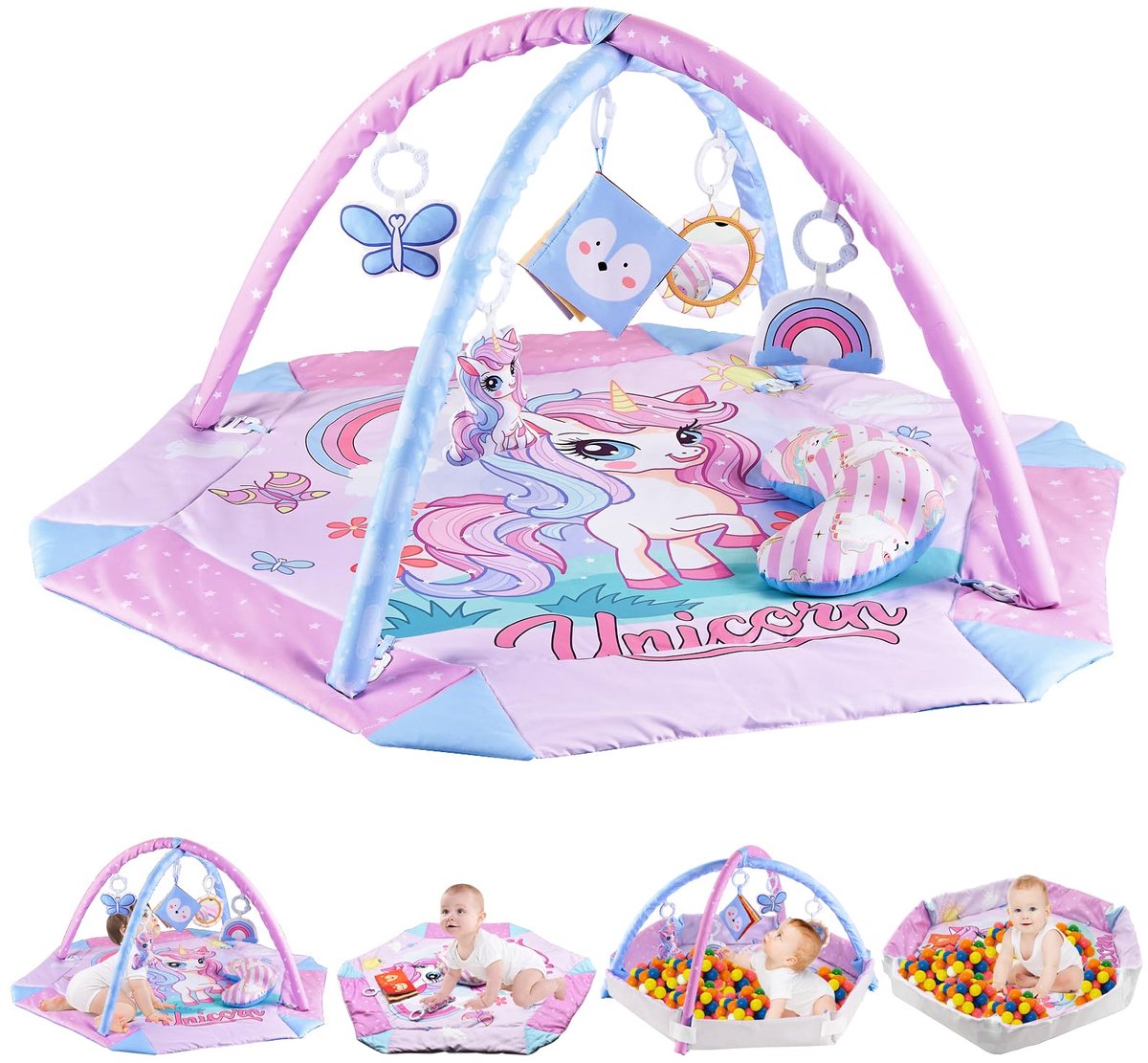 SnelShoppen - Baby Speelboog Eenhoorn 4-in-1 Kruipdeken met 5 Hangende Speelgoedkussens, Opvouwbare Zachte Speelmat voor Baby's 3-24 Maanden, Vroege S