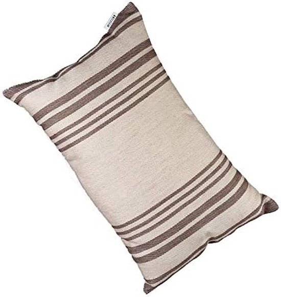 Rechthoekig saunakussen in beige met bruine strepen aan de uiteinden en een klein merklabel.
