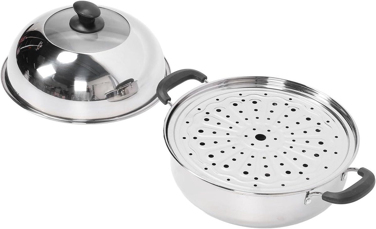 Stoompan met deksel Stoomkoker kookgerei Gezond koken Verdikt dubbelwandig 32 cm diameter Zilverkleurig