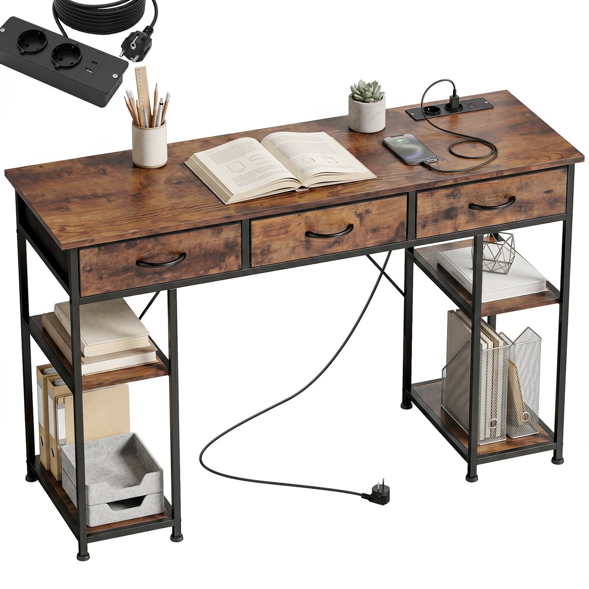 ECTEATOY® Bureau Computertafel met Stopcontact en USB - 120x40 cm - met 3 Stoffen Lades & Verstelbare Planken - Thuiswerkplek - Staal - Bruin