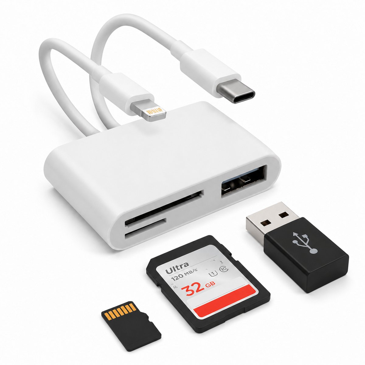 SD Kaart Lezer - 3 in 1 SD/TF/USB 3.0 - USB naar USB C - 8-Pin - Geschikt voor alle Telefoons Tablets en Laptops