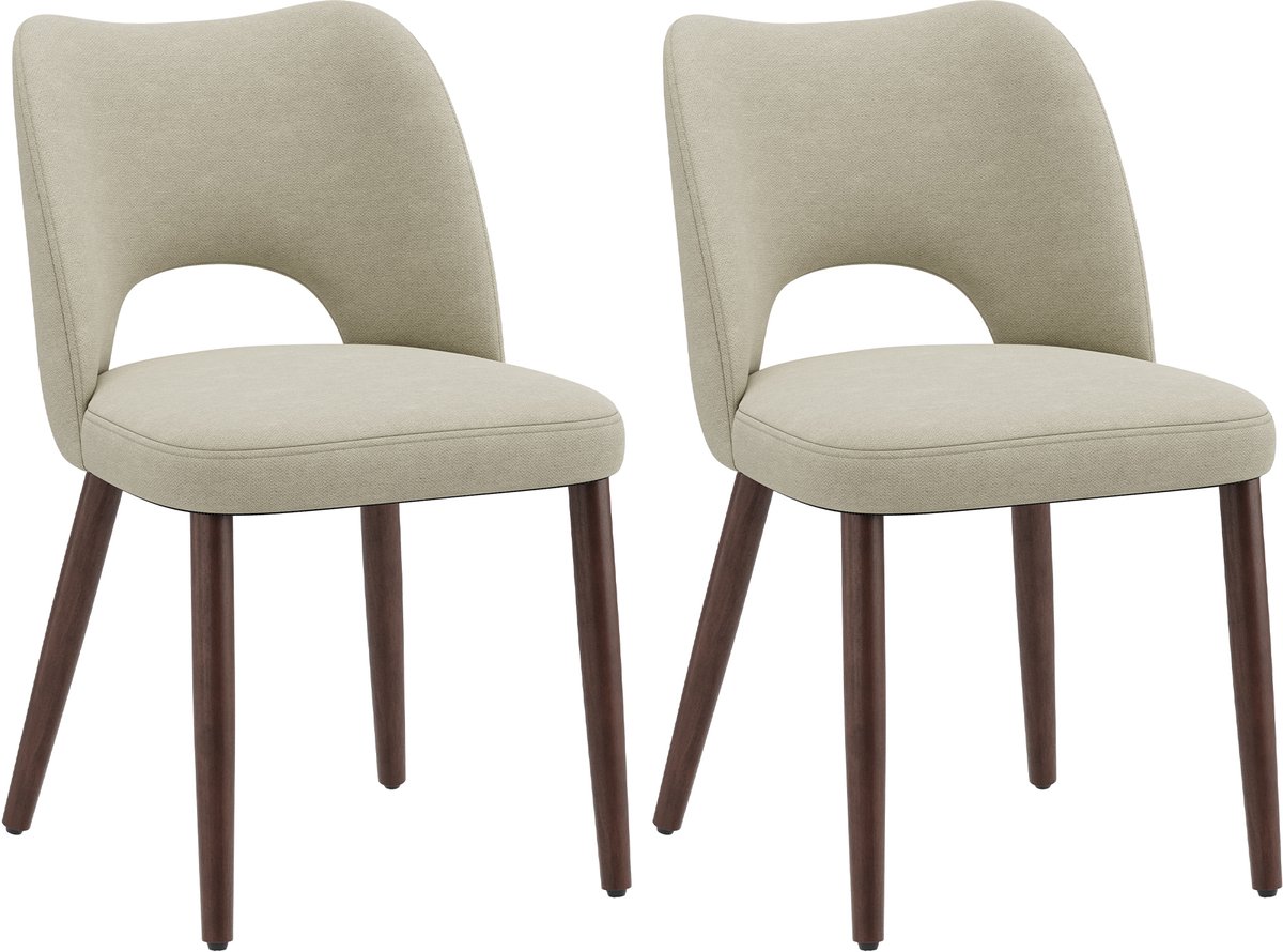 COLAMY Set van 2 eetkamerstoelen van stof - Gebogen open rugleuning - Dikke gewatteerde zitting - Poten van massief hout - Moderne keukenstoelen - Camel