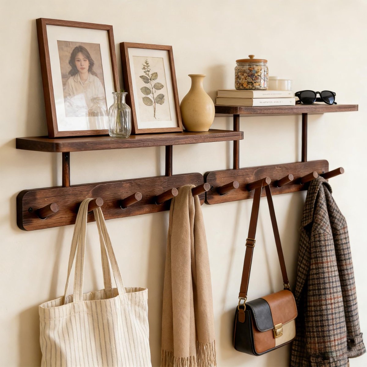 SnelShoppen - LEMIKKLE Houten Kapstokhaken - Wandmontage zonder boren of met boren - 5 Houten Haken Opbergrek voor Kleding, Hoeden, Sleutels, Handdoek