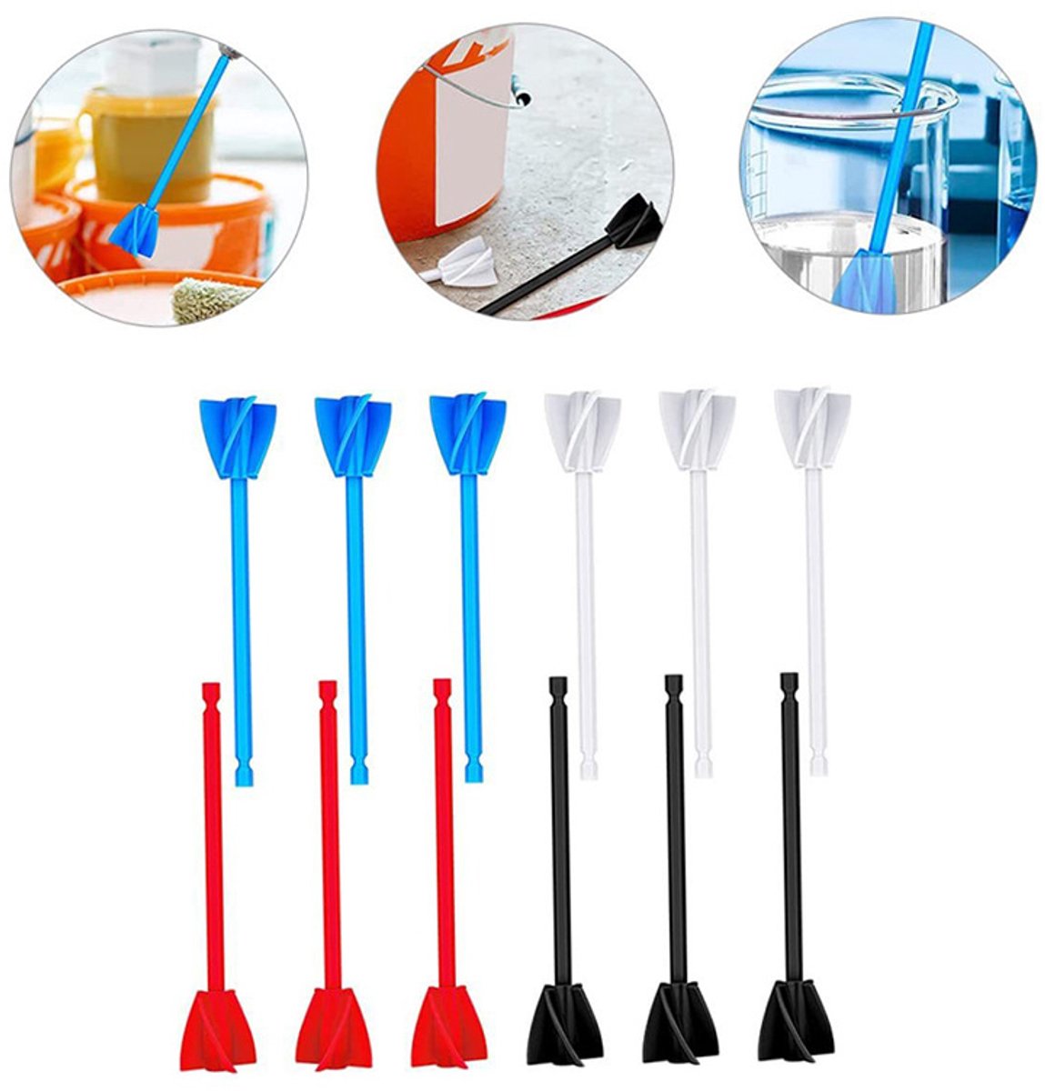 12-delige verfmengstaafjes - lijmmixers - rood + zwart + wit + blauw - herbruikbaar - spiraalvormige verfmixers voor boorbits