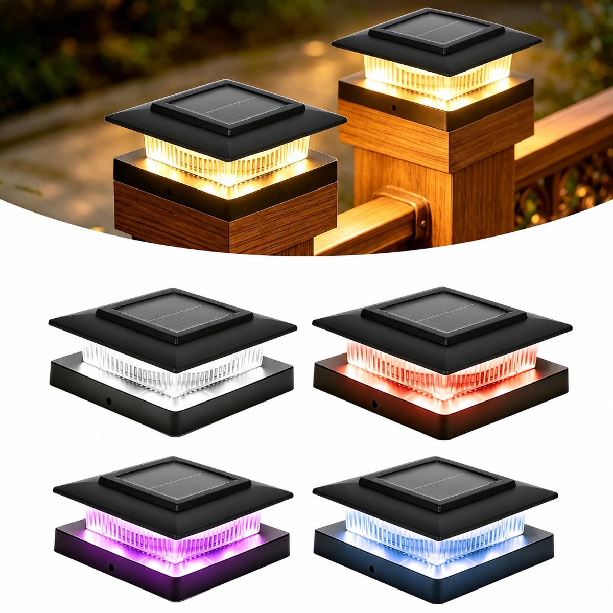 Ryoudavell - Solar Paalverlichting Buiten Set van 4 - Automatische RGB & Warm Wit Schutting Verlichting op Zonne-energie - Vierkante LED Deklampen voor Tuin, Terras & Hekwerk - Zwart