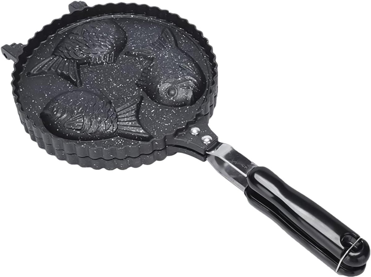 Taiyaki Bakpan - Wafelvorm Visvorm - Japanse Snacks Maken - Gelijkmatige Warmteverdeling - 41 x 20 cm - Zwart Bruin