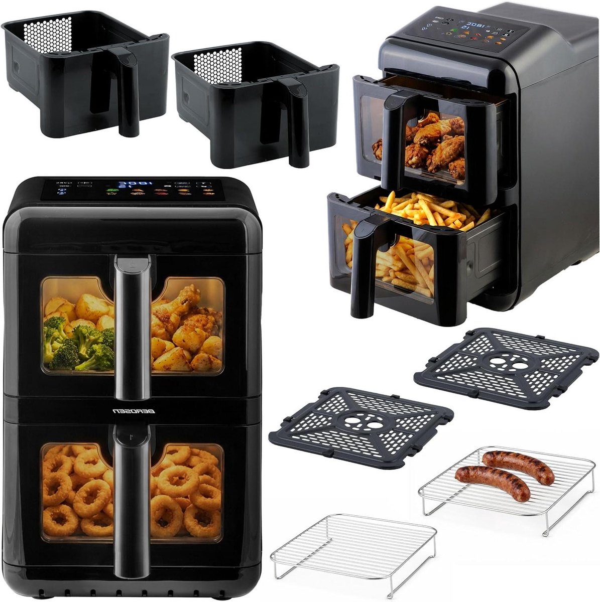 Dubbele Kamer Airfryer - Heteluchtfriteuse Verticale Airfryer - Grote Maaltijden Bereiden - Twee Manden Sync Finish - 116 liter - Zwart