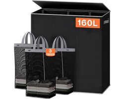 VALI® Wasmand - 3 Vakken met Deksel - Groot XXXL - Zwart - 64cm x 36cm x 70cm