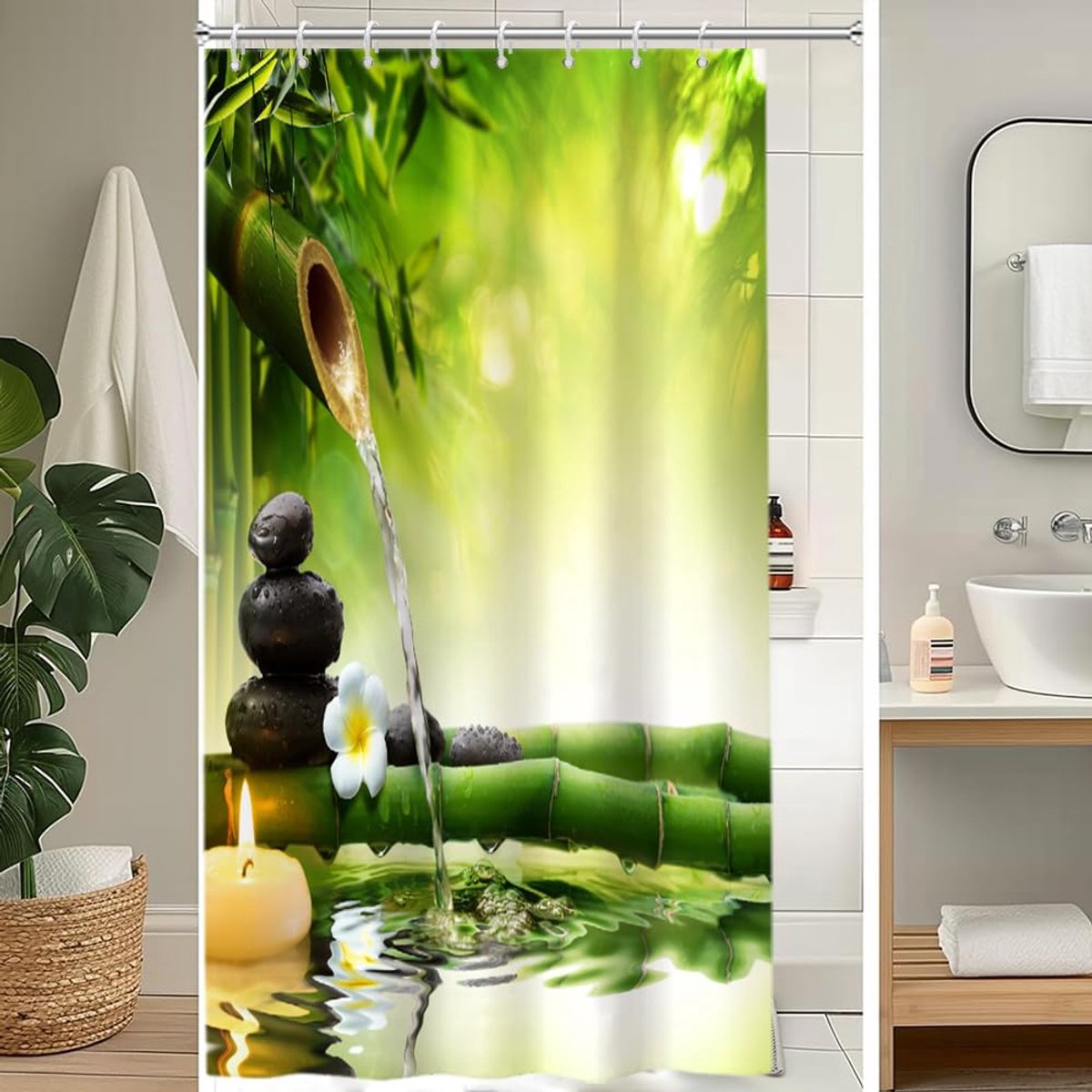 SnelShoppen - Douchegordijn 120 x 200 cm, Anti-Schimmel, Bamboe Design met Groene Bladeren & Zwarte Stenen, Waterdicht, Wasbaar, Inclusief 8 Haken, Ba
