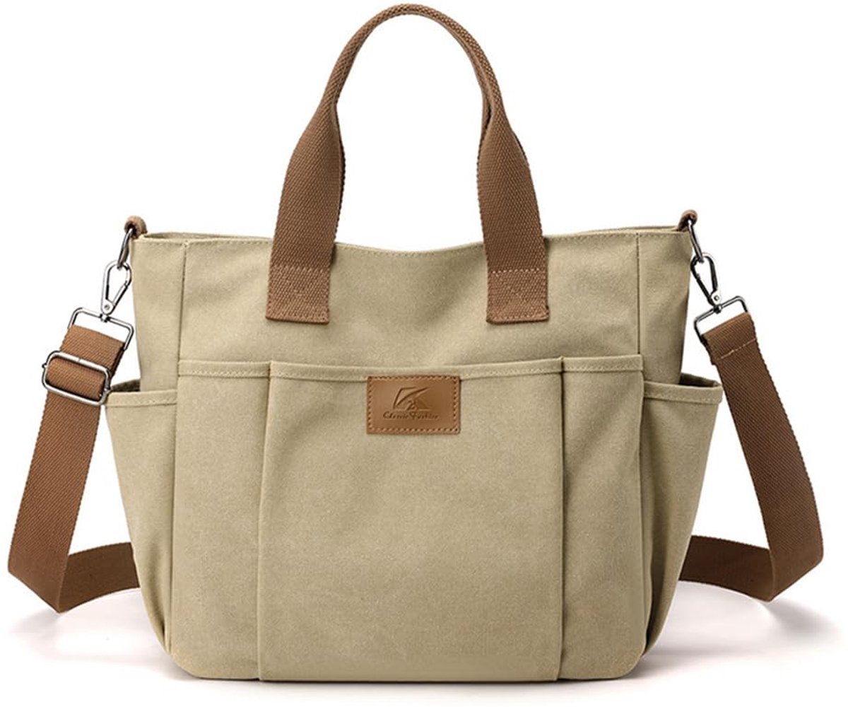 SnelShoppen - Dames Schoudertas van Canvas, Grote Capaciteit, Casual Hobo Handtas, Multifunctioneel voor Feest, Reizen, Winkelen, Werk, Kaki, L