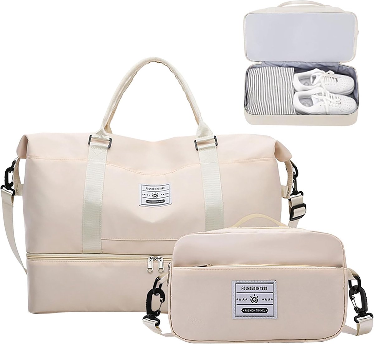 SnelShoppen - Sporttas Reistas Handbagage Tas Dames Weekendtas Waterdichte Reistas met Schoenenvak & Natvak voor Gym Yoga Reizen - Beige 51x24x35 cm