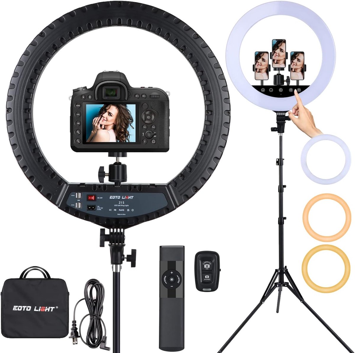 SnelShoppen - 53 cm LED-ringlamp met statief, grote selfie-ringlamp voor YouTube-vlog, make-upstudio, portretfotografie, met draagtas en afstandsbedie