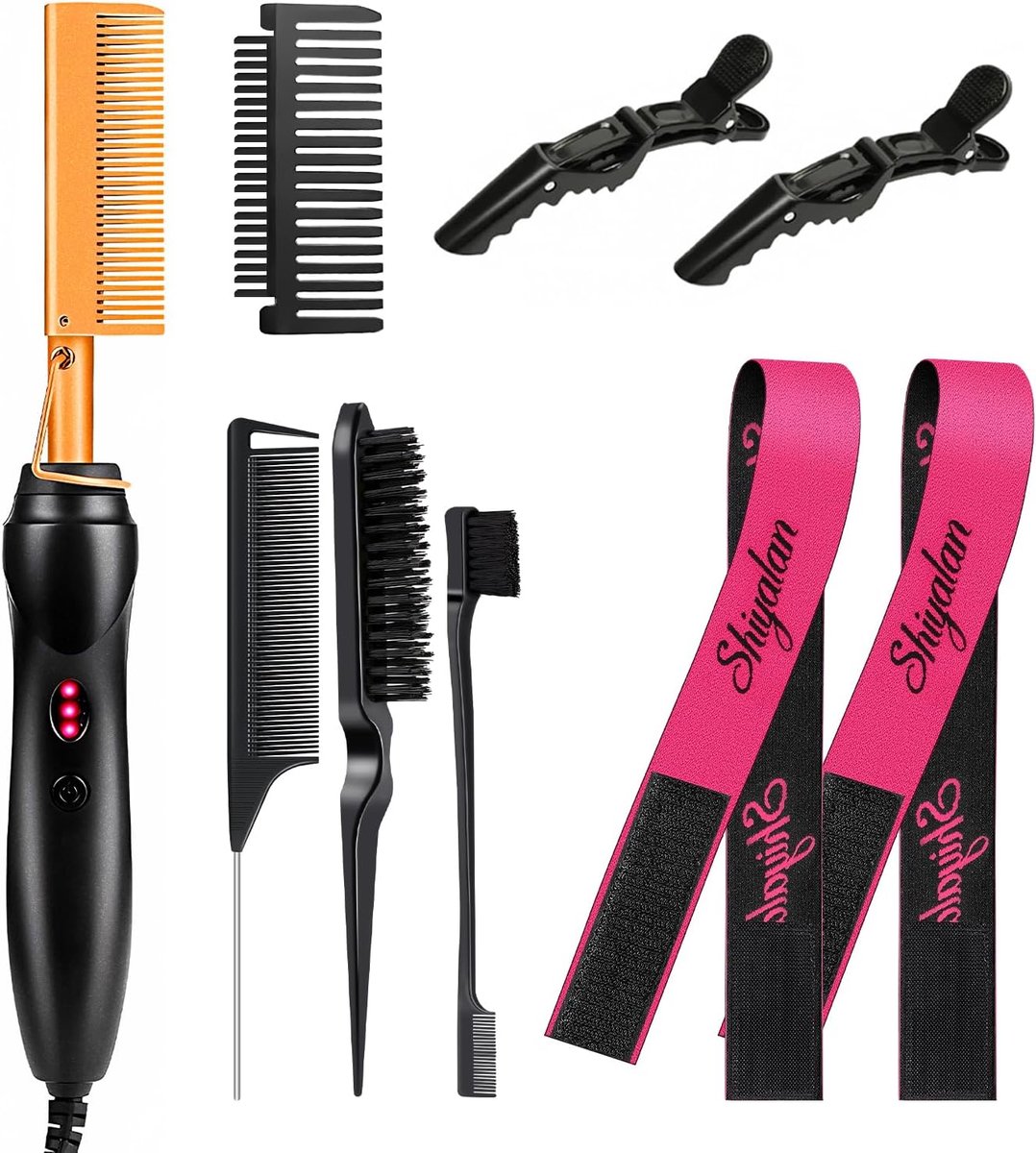 SnelShoppen - 8 Stuks Professionele Stijltang Set met Hete Kam - Elektrische Stylingset met Gladde Rugborstels, Salonclips en Kanten Band voor Slank H