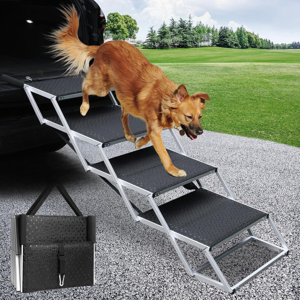 SDLDEER 4 stappen hondentrap voor auto, opvouwbare hondentrap voor grote honden, antislip oppervlak aluminium - ShopVlot
