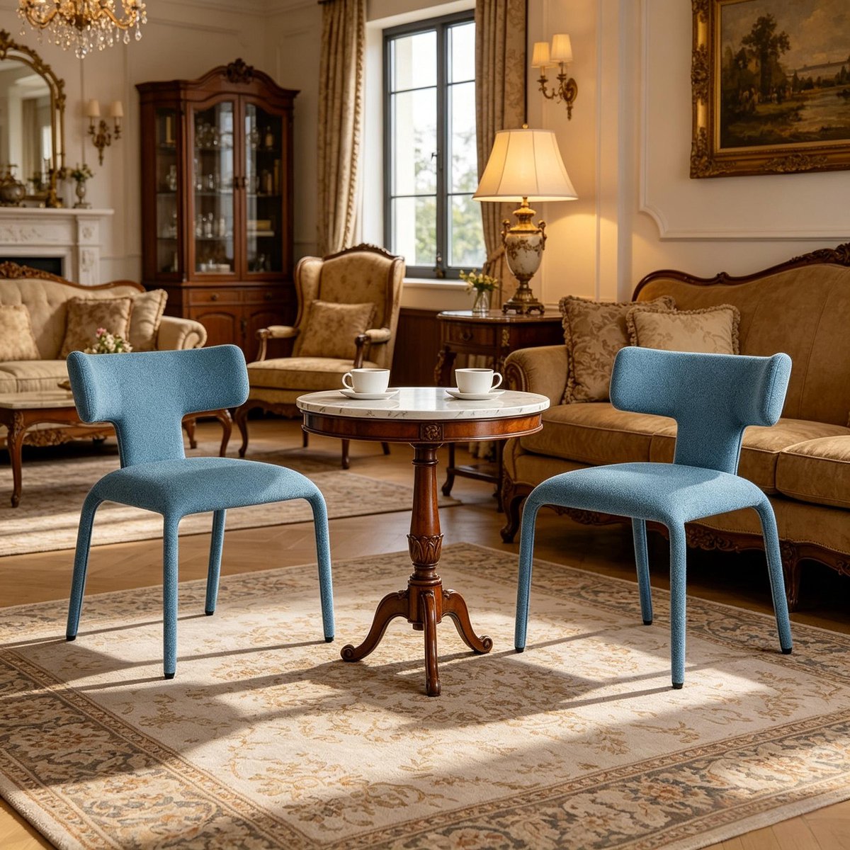 OKWISH Eetkamerstoel Set van 2 - Gestoffeerde Blauwe Stoel met Gebogen Rugleuning - Voor Eetkamer, Woonkamer en Kantoor - Stof - Blauw