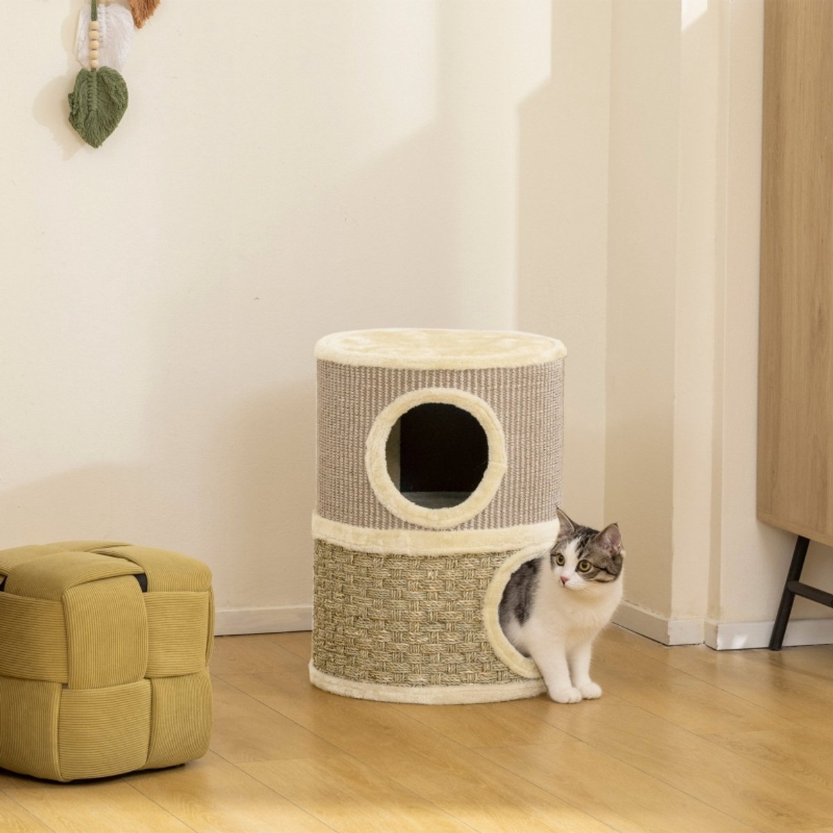 Krabton met 2 verdiepingen en 2 kattenholen - 49 cm hoog - 35,5 cm - polyester - khaki - voor katten