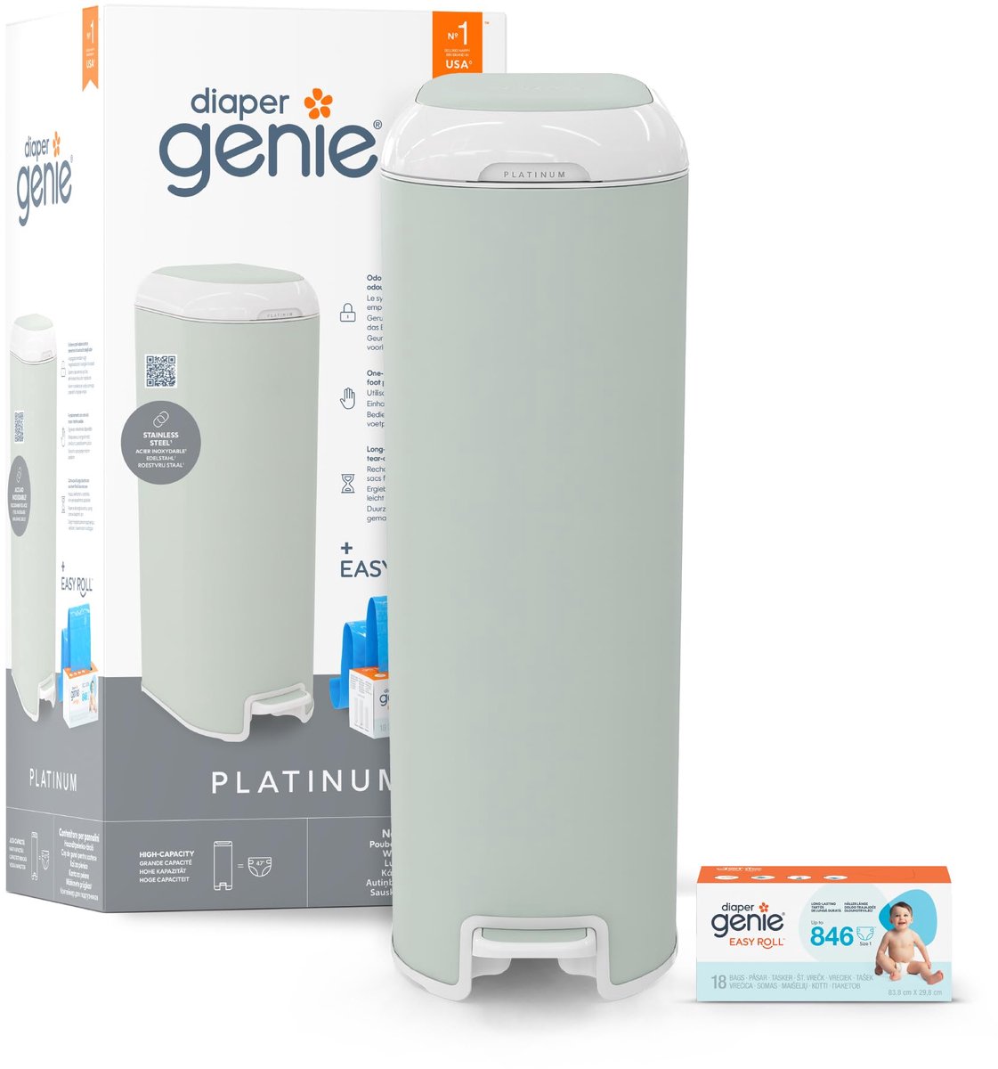 SnelShoppen - Diaper Genie Platinum Luieremmer Groen met 1 Easy Roll Navulling, 18 Zakjes, Perfect voor Baby's, Hygiënisch en Geurvrij, Ideaal voor Th