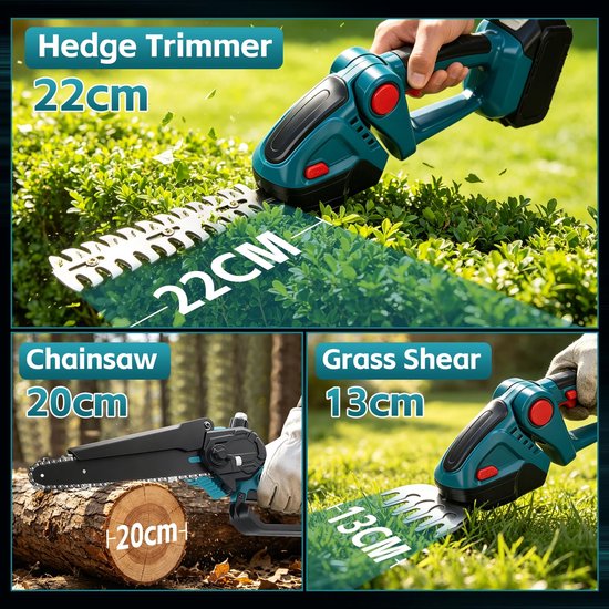 SnelShoppen - 6-in-1 Telescopische Snoeischaar & Accu Heggenschaar Set met 2x 4Ah Batterijen, 8 Inch Elektrische Kettingzaag, 22cm Heggenschaar, 13cm van Snelshoppen — afbeelding 3