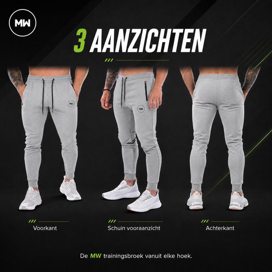 Drie aanzichten van een grijze trainingsbroek met MW logo, ritszakken en trekkoord. "Voorkant, schuin voor aanzicht, achterkant". De MW trainingsbroek vanuit elke hoek.