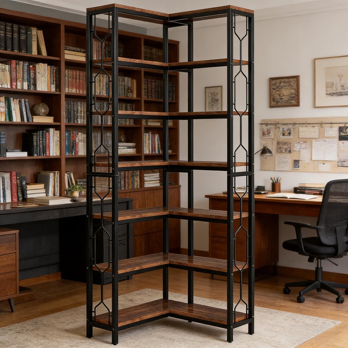 MIVRAY Boekenkast – 7 Lagen Hoekkast 60 x 60 x 200 cm – Metaal en Spaanplaat – Zwart en Br