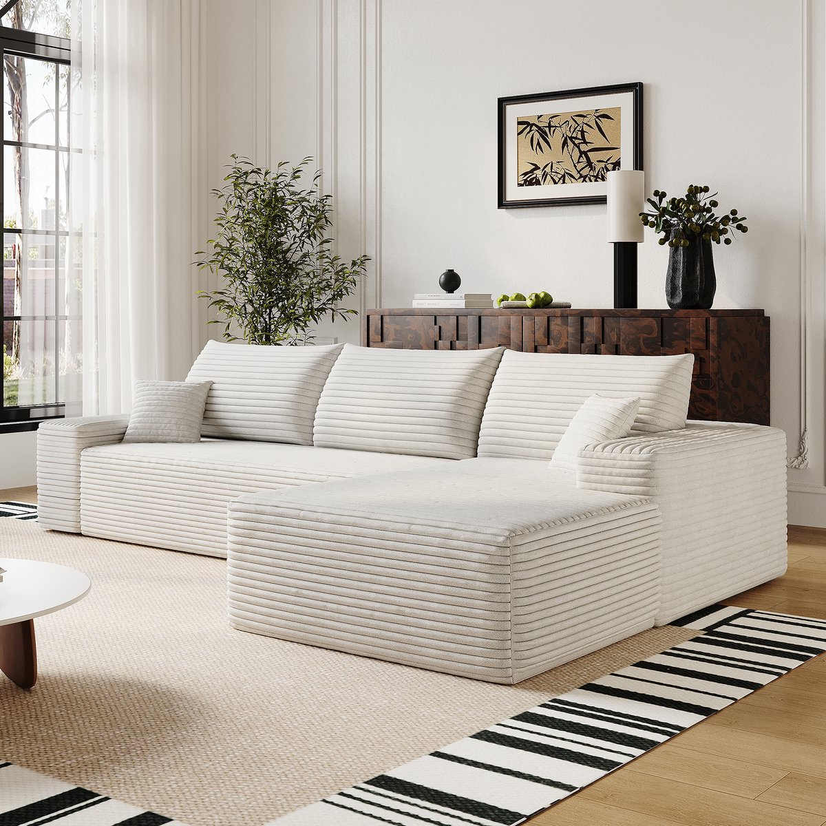 STILVORA Hoekbank 270 Cm - Modulaire 3-Zits Met L-Vormige Chaise Longue Zonder Montage - Voor Woonkamer En Slaapkamer - Corduroy Wit